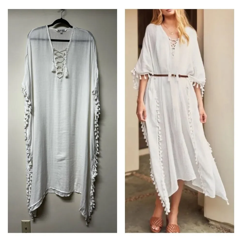 WALTER BAKER Fringe Acapulco Kaftan Swim Cover Up, Ivory, OS